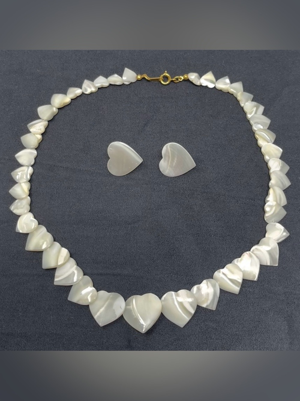 Vintage Carved Mother of Pearl Heart Shape Necklace With Clip On Earrings Set